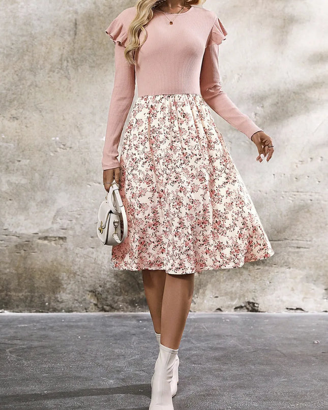 Ruffled Floral Long Sleeve Knee Length Dress