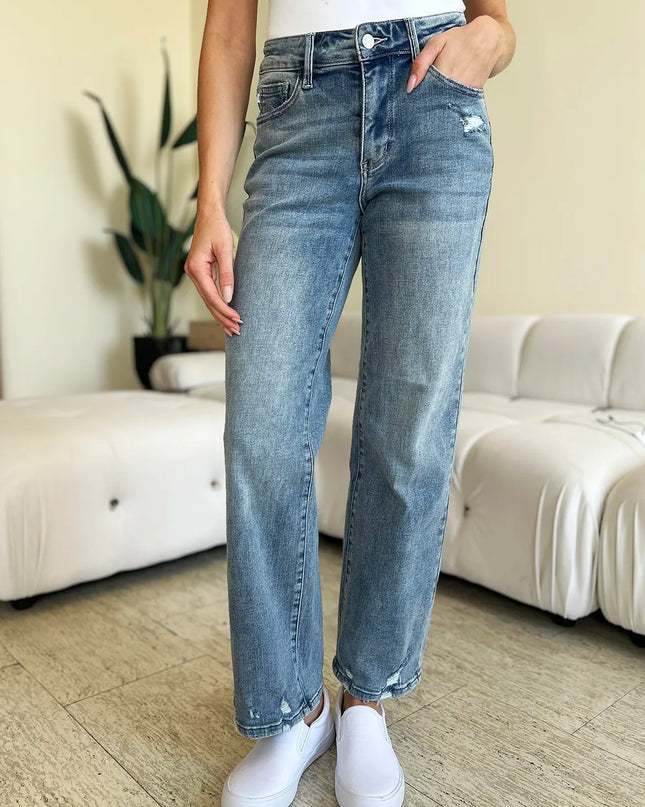 Judy Blue Full Size Mid Rise Distressed Straight Jeans Medium