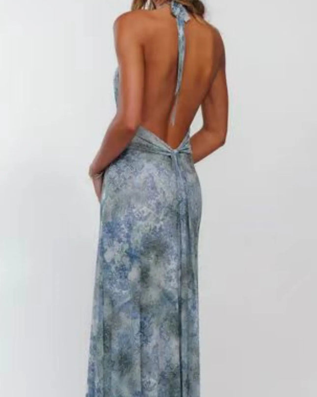 Floral Halter Neck Deep V Maxi Dress