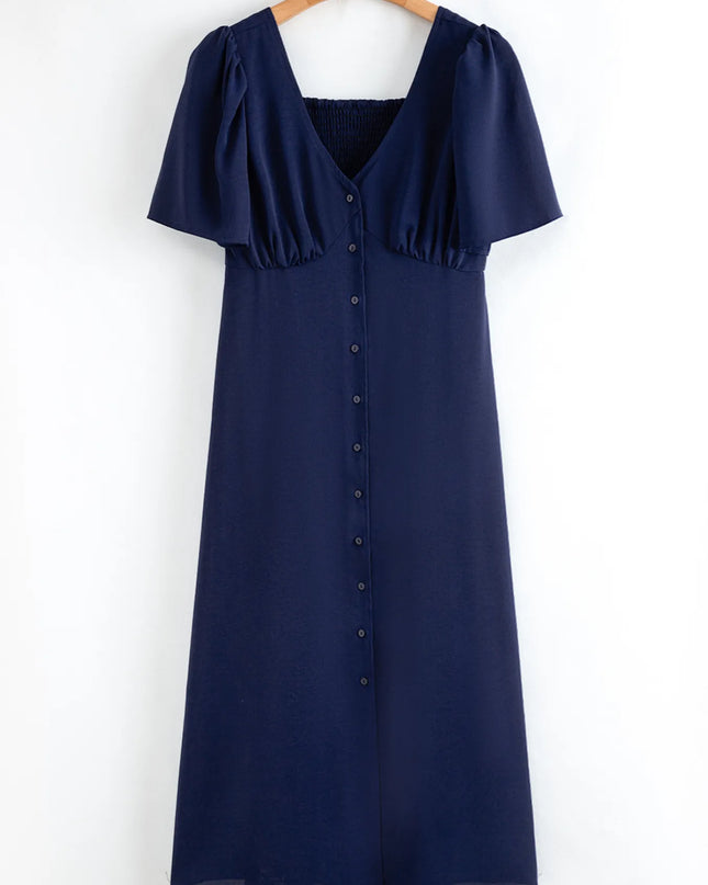 V Neck Buttoned Front Shirred Back Short Sleeve Midi Dress