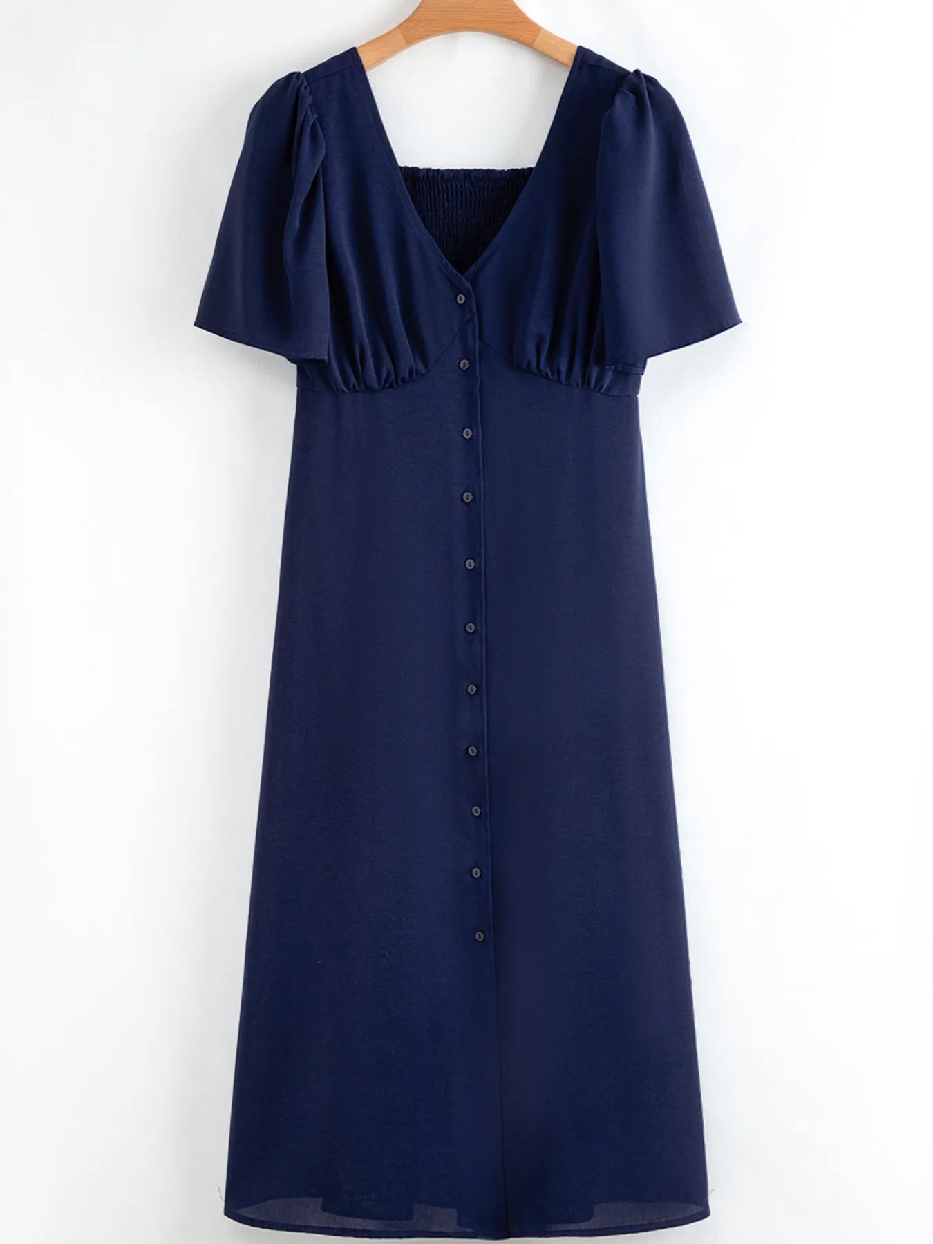 V Neck Buttoned Front Shirred Back Short Sleeve Midi Dress
