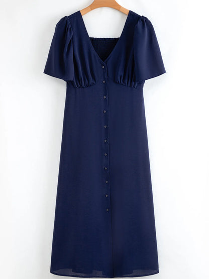 V Neck Buttoned Front Shirred Back Short Sleeve Midi Dress