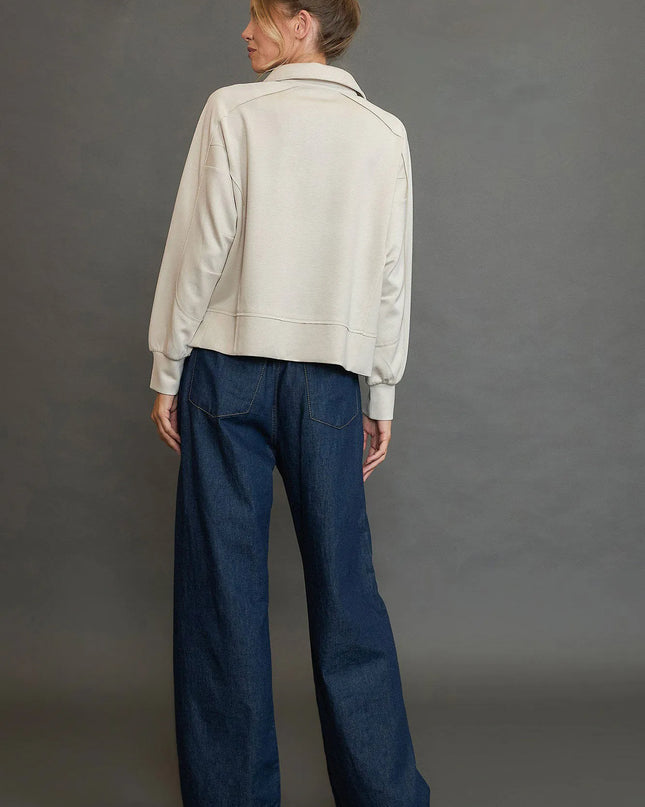 Umgee Collared Neck Long Sleeve Top with Raw Hem Detail