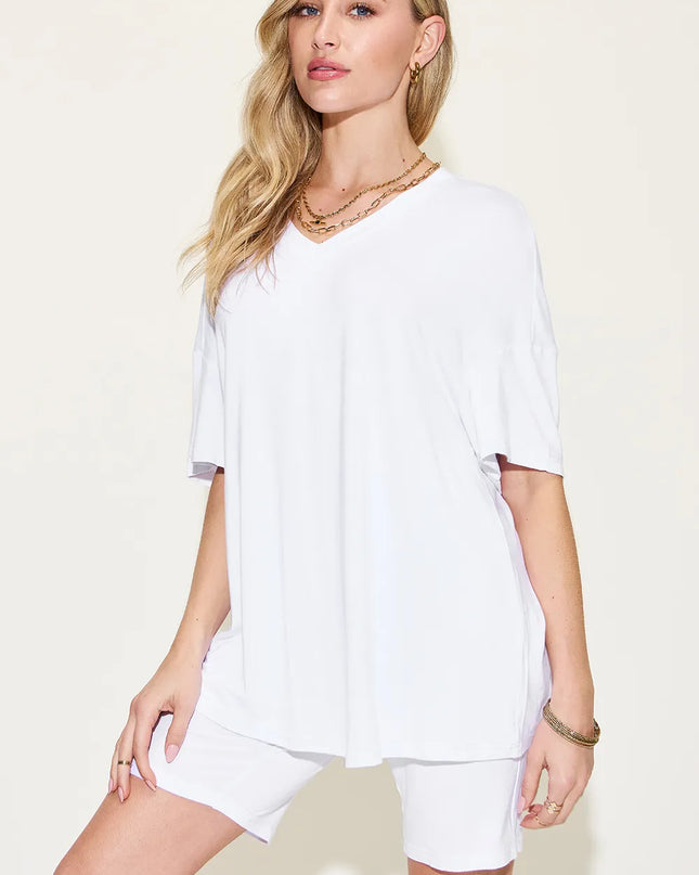 Basic Bae Full Size V-Neck Drop Shoulder T-Shirt and Shorts Set 