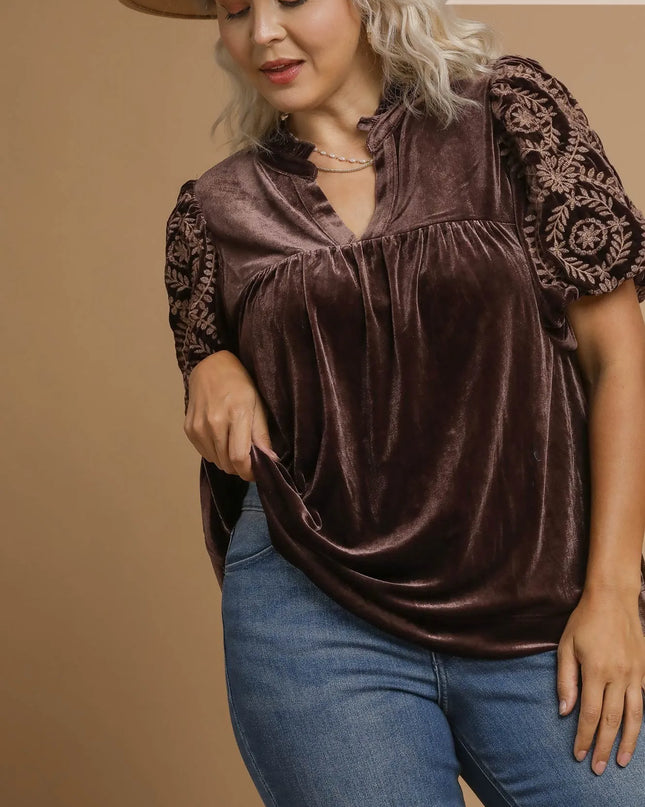 Umgee Full Size Velvet Embroidered Sleeve Blouse Plus Size