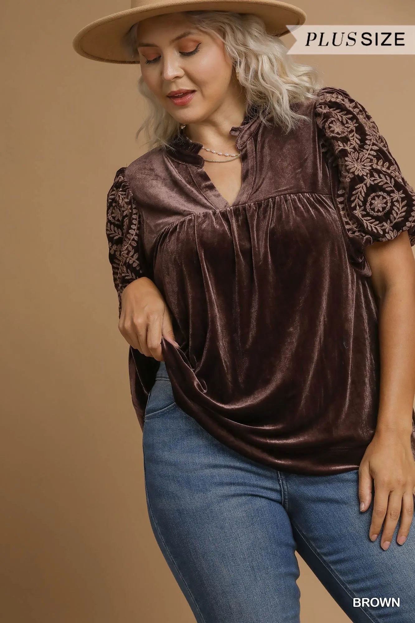 Umgee Full Size Velvet Embroidered Sleeve Blouse Plus Size