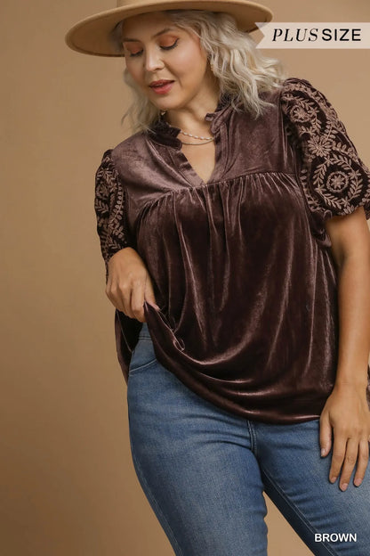 Umgee Full Size Velvet Embroidered Sleeve Blouse Plus Size