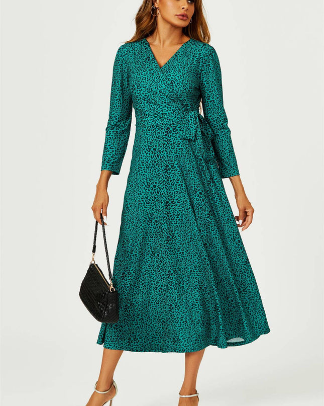 Green Leopard Print Wrap Top Midaxi Dress