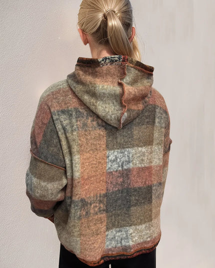 Double Take Full Size Plaid Dropped Shoulder Fleece Hoodie