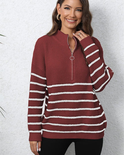 Mock Neck Long Sleeve Zip-Up Sweater Burgundy One Size