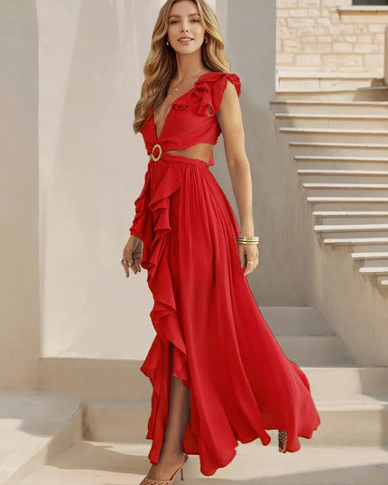 Cutout Ruffled Cap Sleeve Maxi Dress