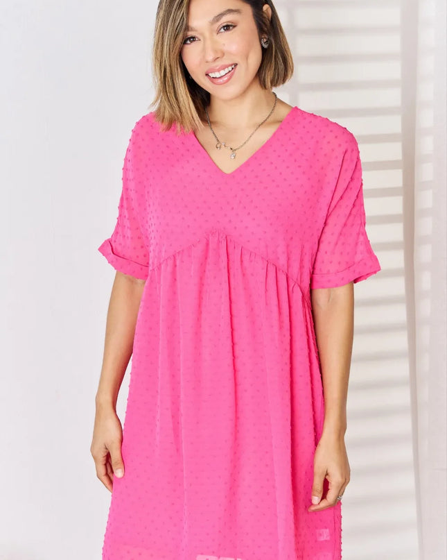 Zenana Swiss Dot Rolled Short Sleeve Babydoll Dress