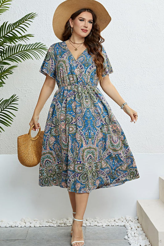 Honey Printed Flutter Sleeve Midi Dress Multicolor