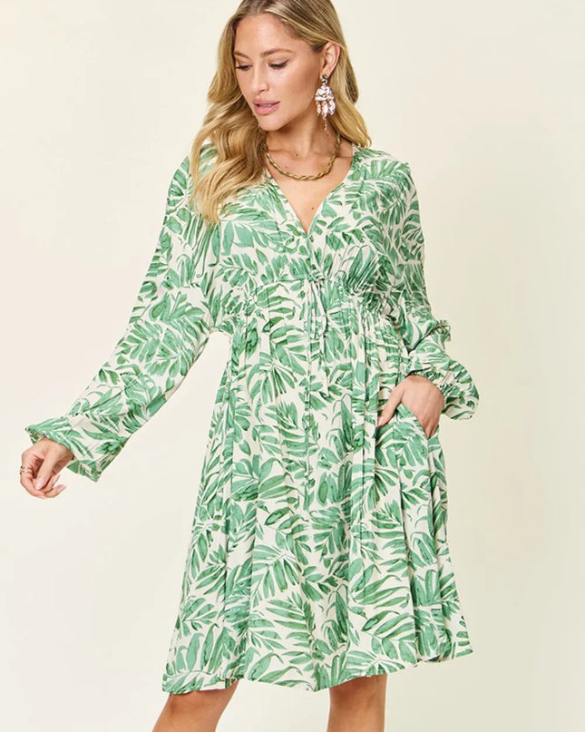 Double Take Full Size Printed Ruched Balloon Sleeve Dress Light Green