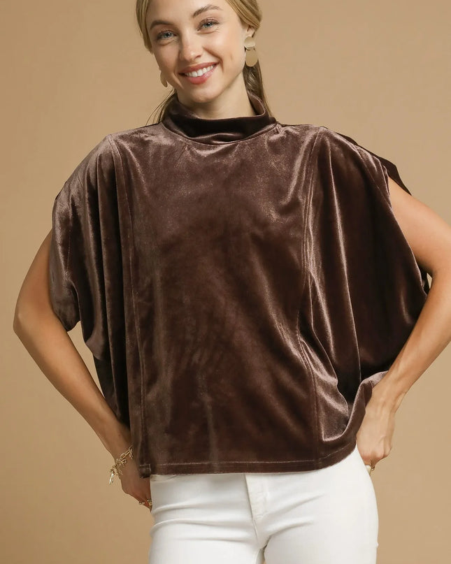 Umgee Velvet Mock Neck Sleeveless Blouse Brown
