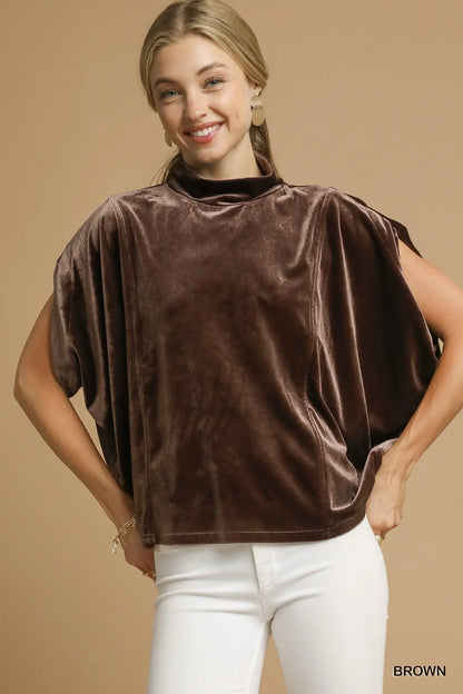 Umgee Velvet Mock Neck Sleeveless Blouse Brown