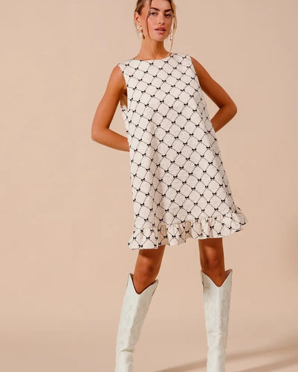 SO ME Texture Bow Printed Mini Ruffle Dress