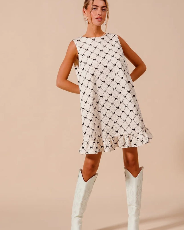 SO ME Texture Bow Printed Mini Ruffle Dress