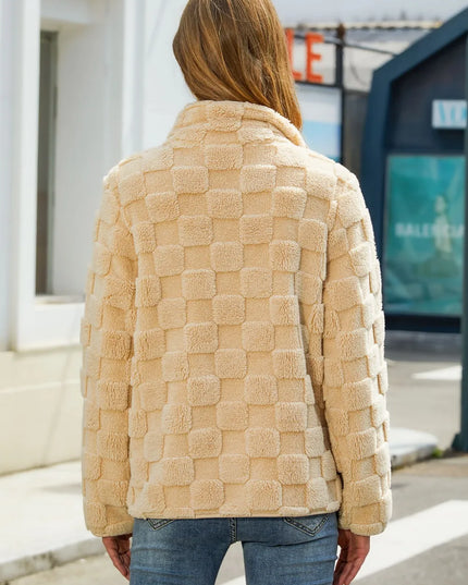 Fuzzy Checkered Zip Up Jacket