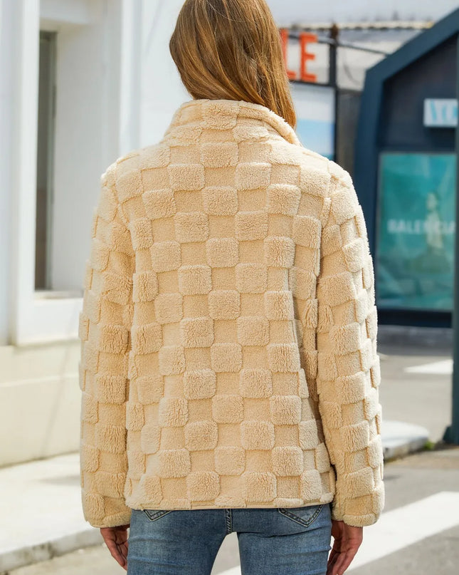 Fuzzy Checkered Zip Up Jacket