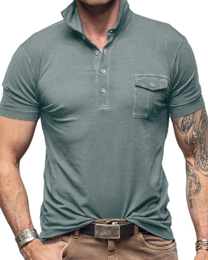 Men's Classic Pocket Polo Shirt with Stand Collar Gray