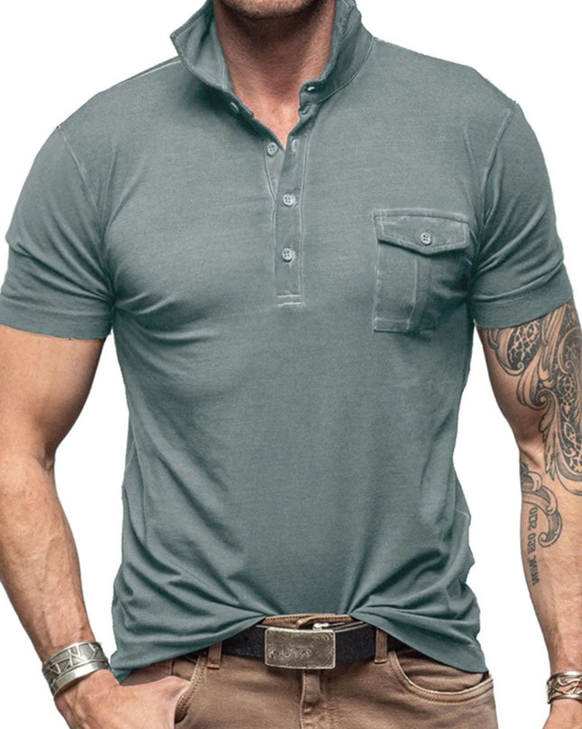 Men's Classic Pocket Polo Shirt with Stand Collar Gray