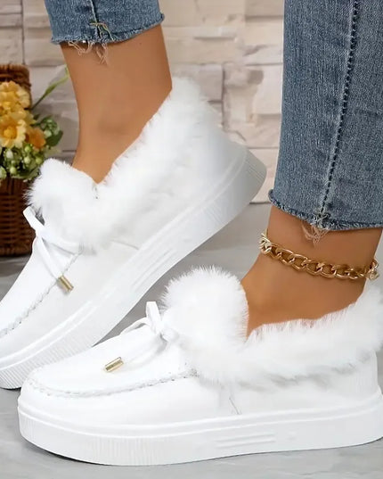 Bow Furry Round Toe Flat Slip-Ons