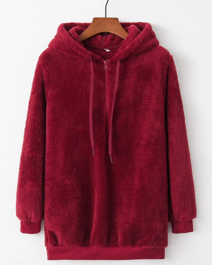 Full Size Quarter-Zip Drawstring Teddy Hoodie