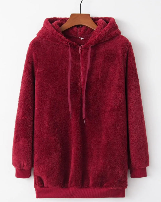 Full Size Quarter-Zip Drawstring Teddy Hoodie