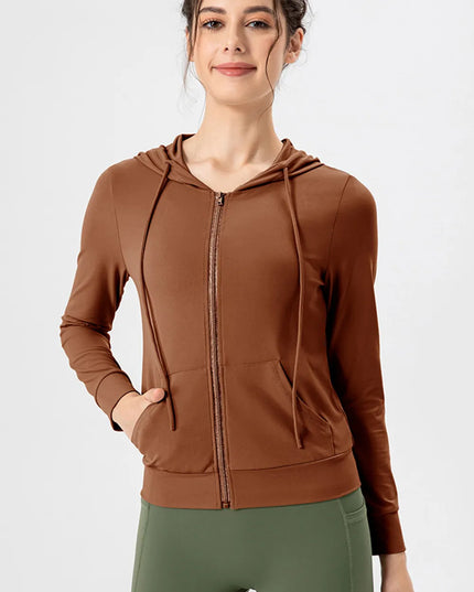 Drawstring Zip Up Hooded Active Outerwear Brown