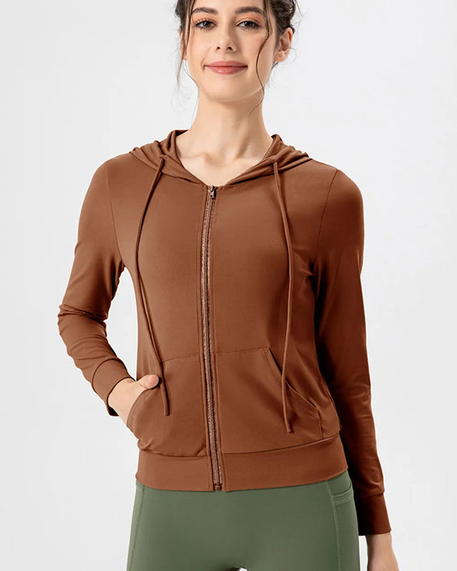 Drawstring Zip Up Hooded Active Outerwear Brown