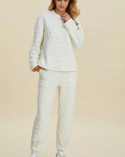 Double Take Full Size Texture Round Neck Long Sleeve Top and Pants Set