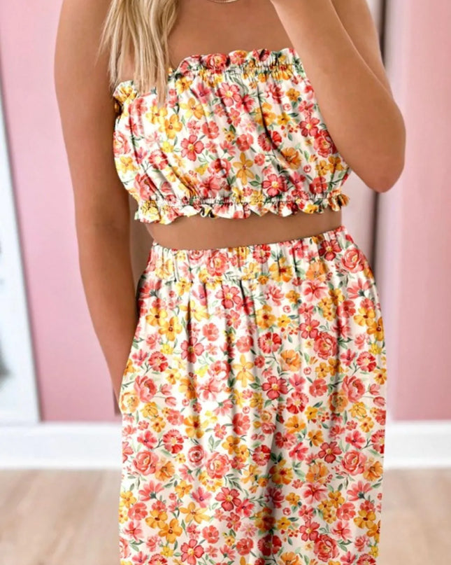 Boho Floral Bandeau Top and High Waist Wide Leg Pants Set