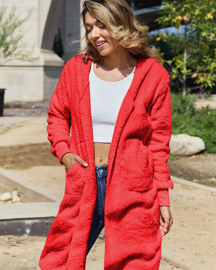 Double Take Full Size Hooded Teddy Bear Jacket with Thumbholes Red