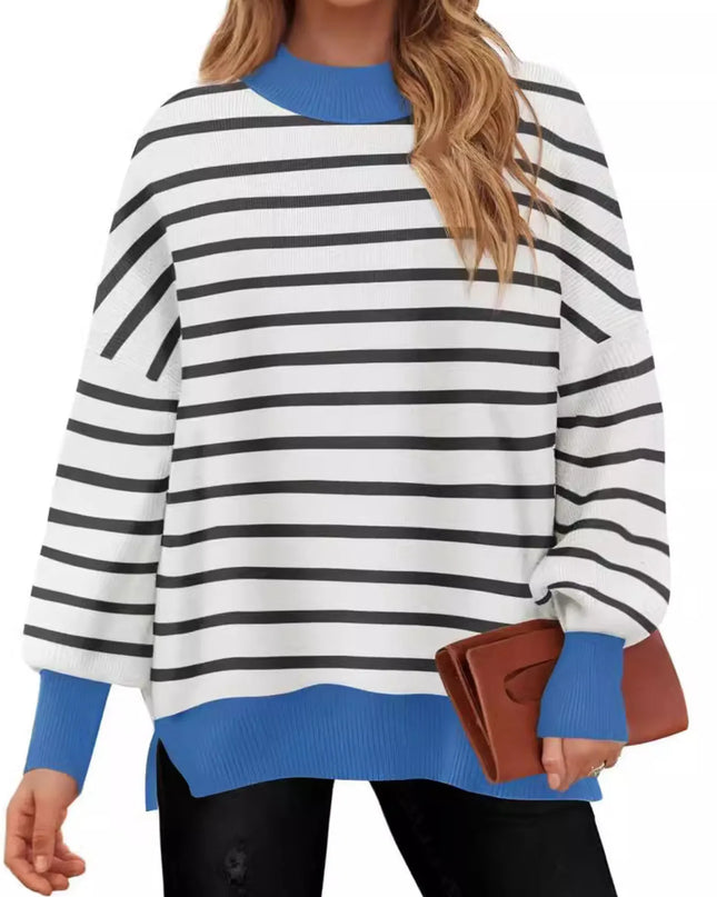 Striped Round Neck Long Sleeve Sweater Blue