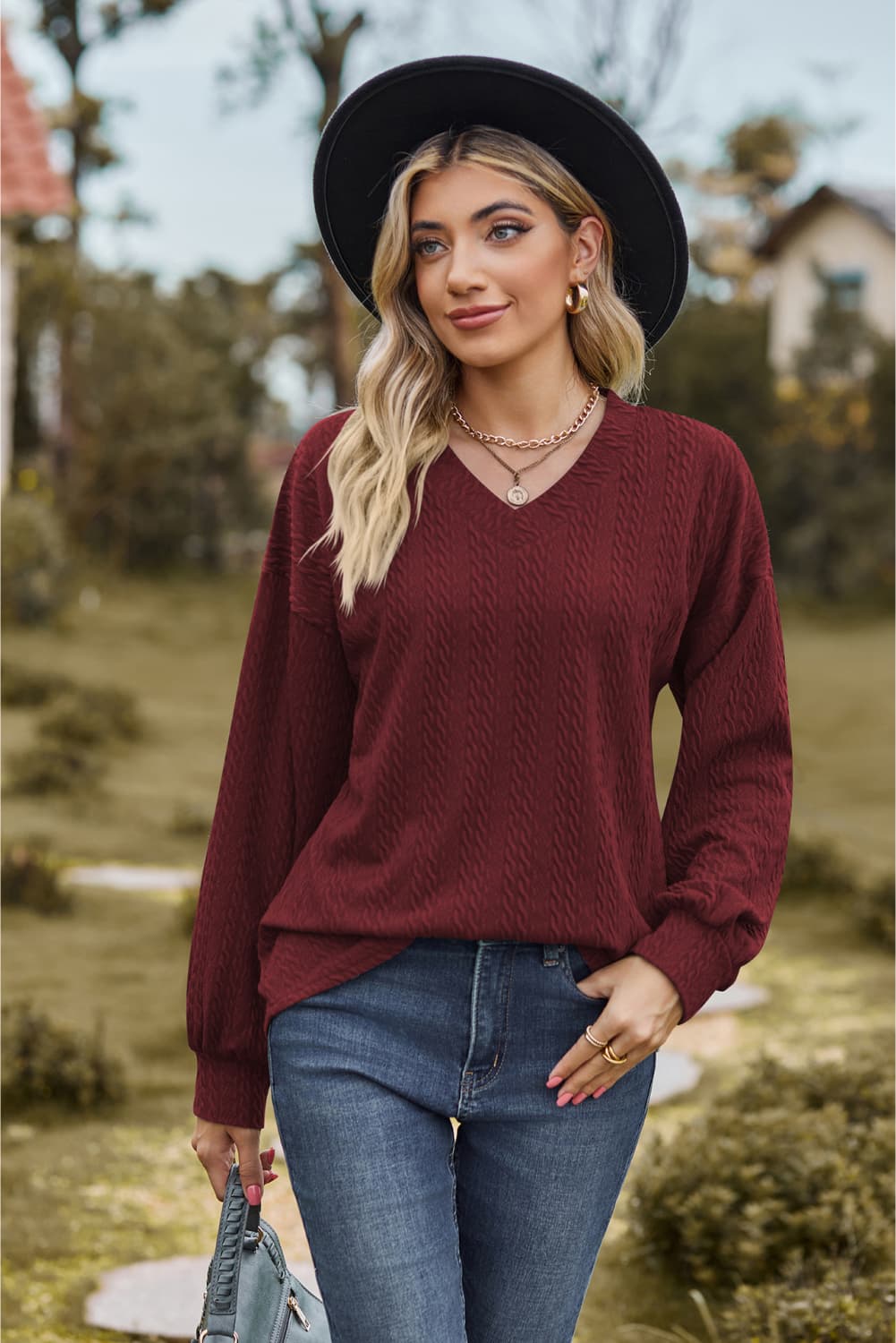V-Neck Dropped Shoulder Blouse Burgundy