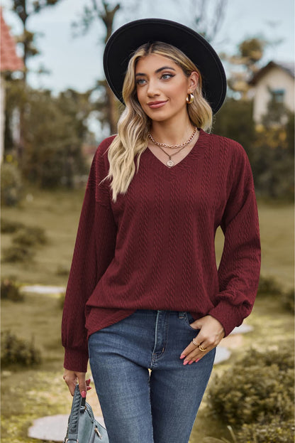 V-Neck Dropped Shoulder Blouse Burgundy
