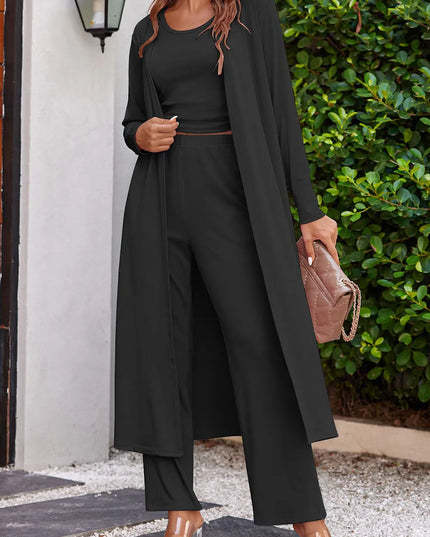 Drawstring Tank, Long Sleeve Cover Up and Pants Set Black