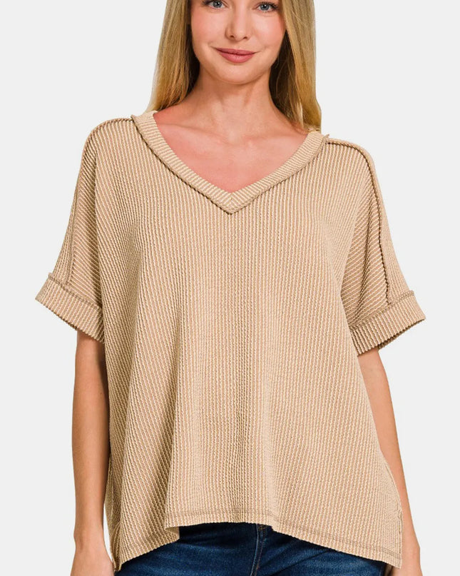 Zenana Corded Rib Short Sleeve High-Low T-Shirt LT Mocha