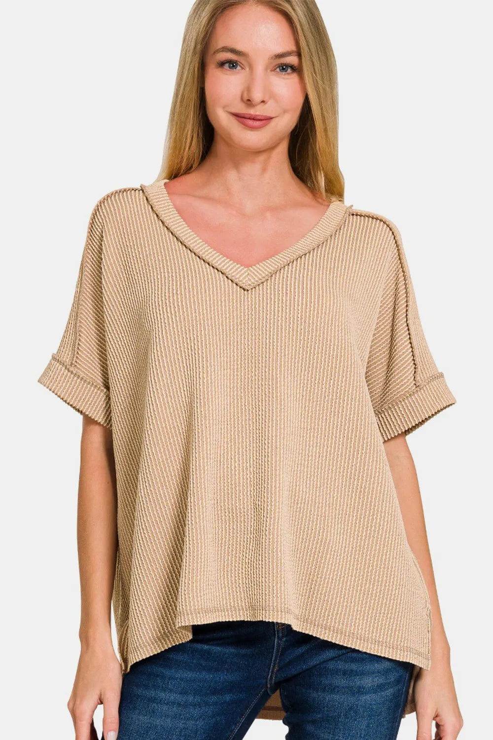 Zenana Corded Rib Short Sleeve High-Low T-Shirt LT Mocha