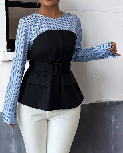 Striped Long Sleeve Blouse with Bow Tie