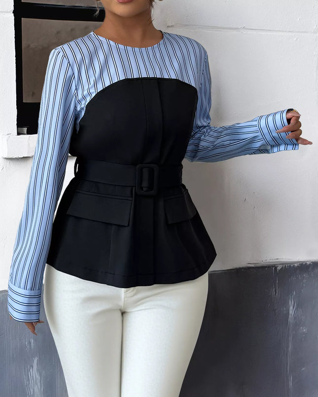 Striped Long Sleeve Blouse with Bow Tie