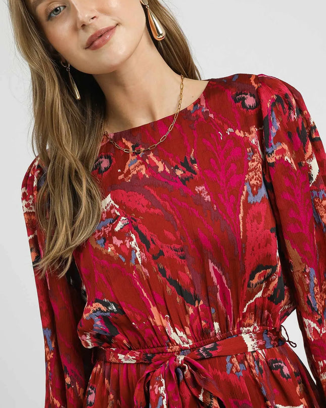 Umgee Ruffled Hem Printed Balloon Sleeve Dress