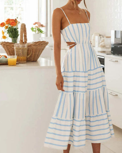 Cutout Striped Tiered Summer Midi Dress 