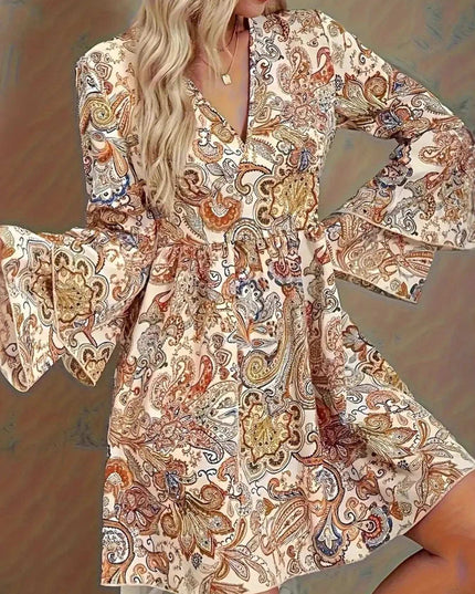 Paisley Print Bell Sleeve Mini Dress