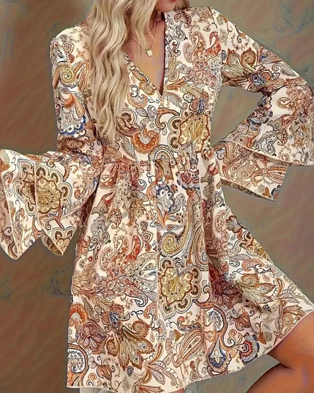 Paisley Print Bell Sleeve Mini Dress