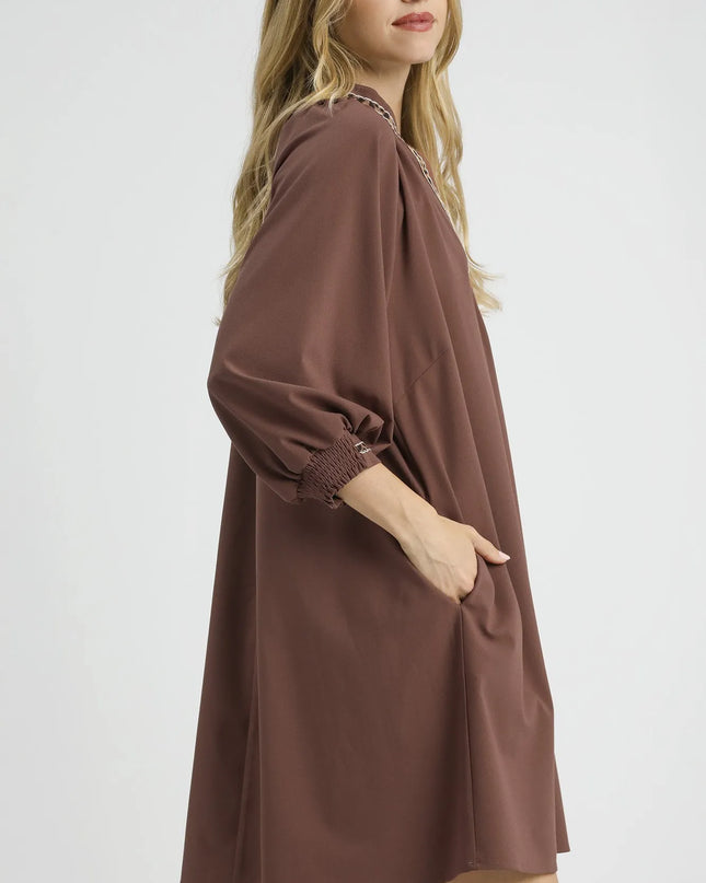 Umgee Notched Shift Dress with Trim Detail