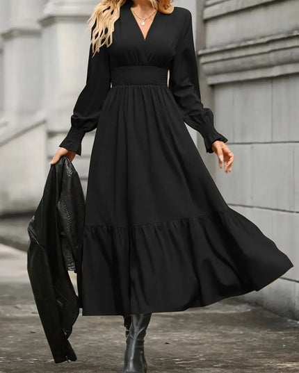 Notched Long Sleeve Tiered Dress Black