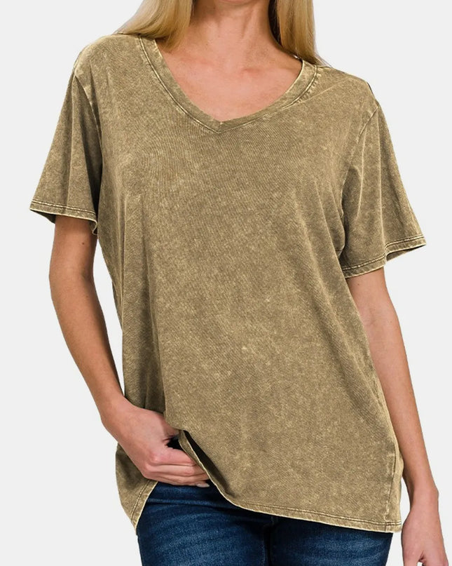 Zenana Full Size Washed Short Sleeve V-Neck T-Shirt Mocha