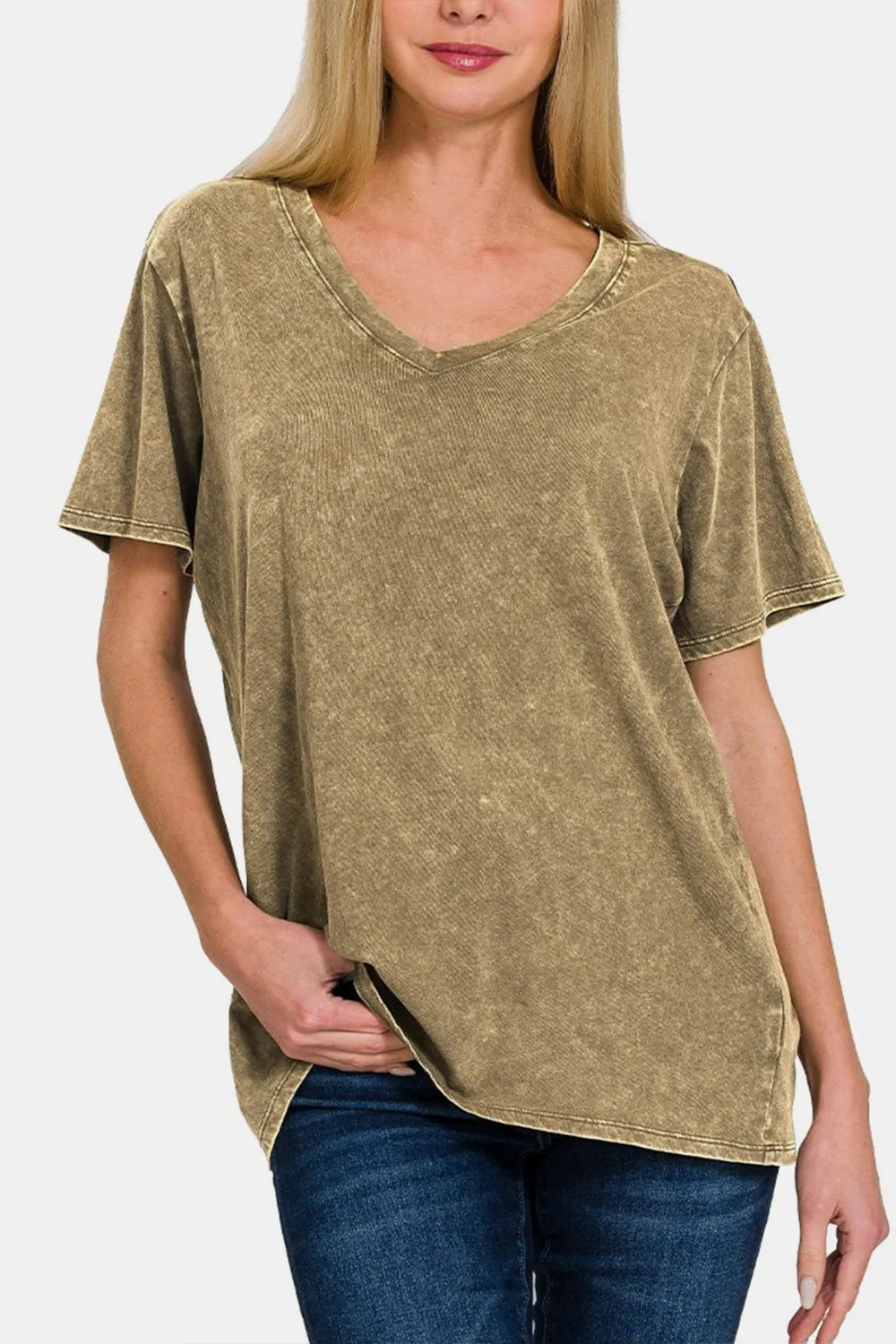 Zenana Full Size Washed Short Sleeve V-Neck T-Shirt Mocha